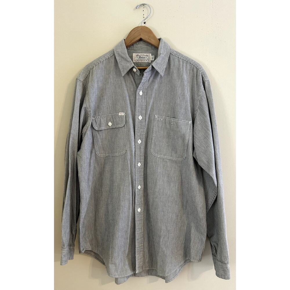 Vintage 90s Polo Ralph Lauren Striped Chambray Workwear Button-up Men's XL - Picture 2 of 10